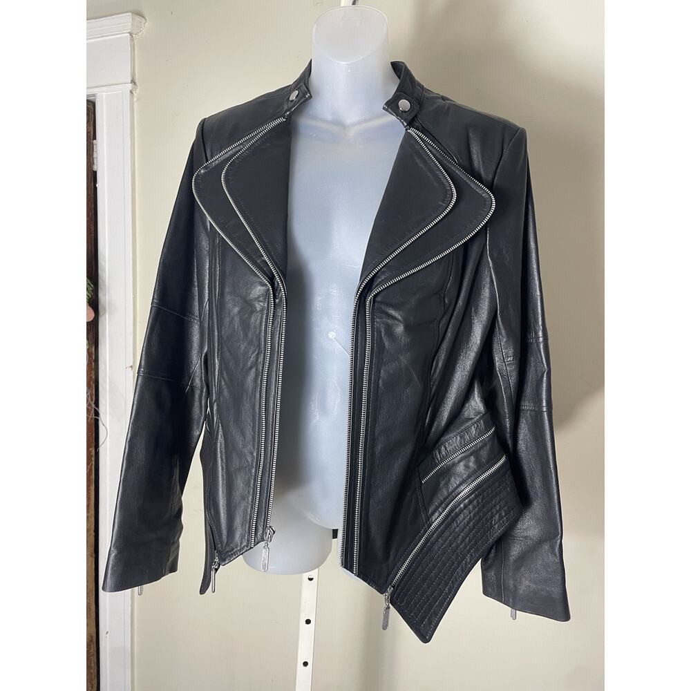 NWOT GILI Black Leather Silver Hardware Moto Women's Jacket Asymetrical Size 14 - Picture 2 of 13